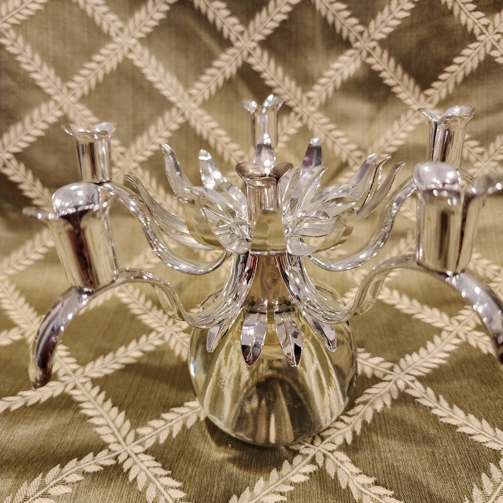 Candlestick Holder Lotus Flower Metal w Clear Ball Base Candelabra Vintage